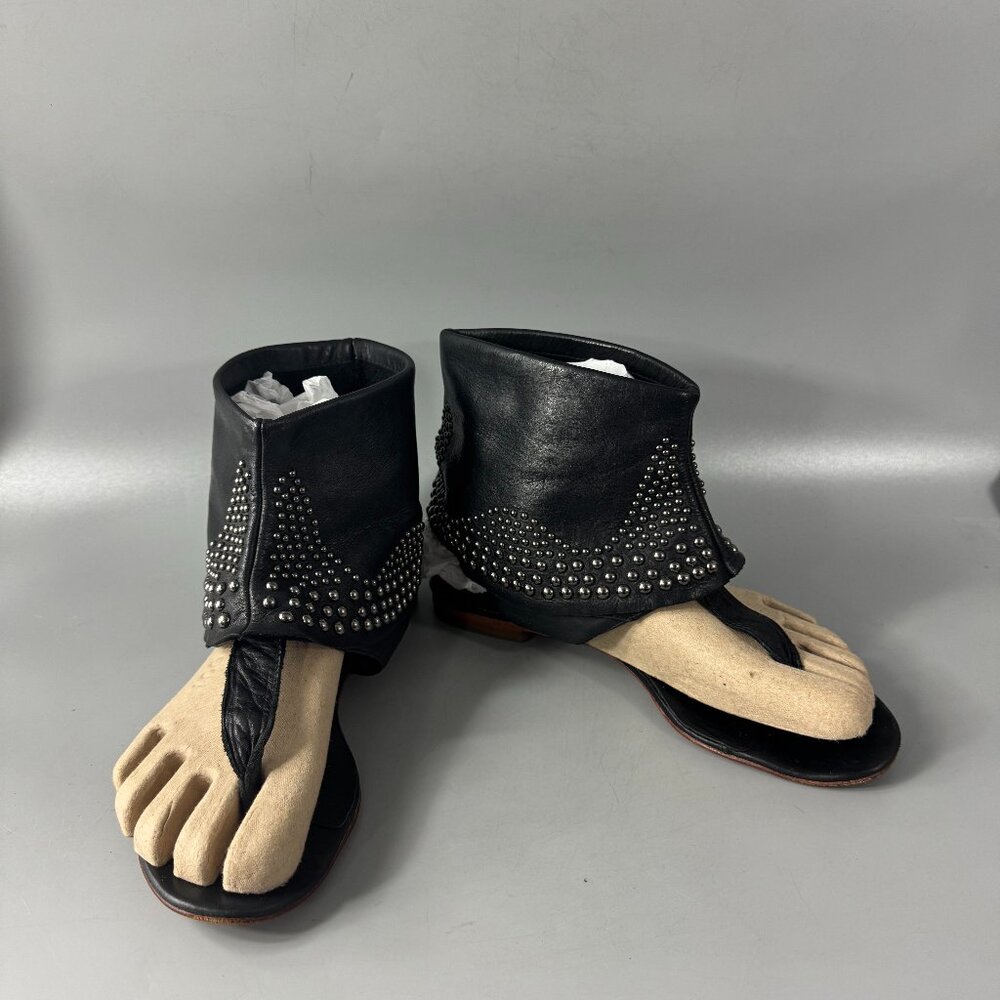 IOANNIS Black Studded Leather Bootie Sandals, Size 38